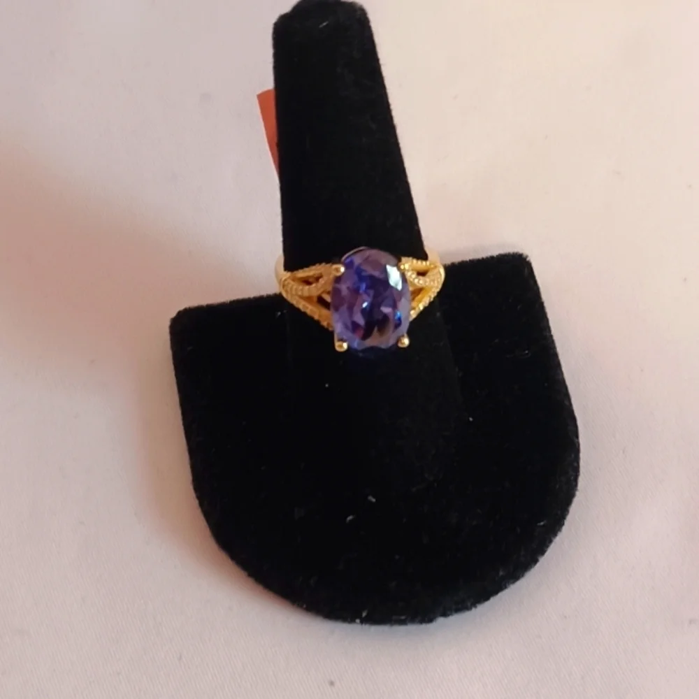 ELANZA Simulated Blue and White Diamond 14K YG Over Sterling Silver Ring Size 9